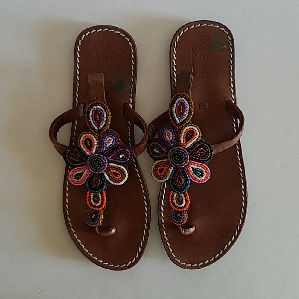 Beaded Brown Leather T-Strap Sandals - Multicolor Embellishment